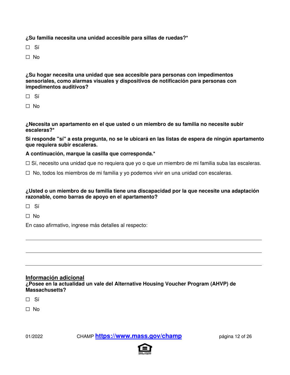 Solicitud Para Vivienda Publica Con Ayuda Del Estado Y El Programa De Vales Para Viviendas Alternativas (Alternative Housing Voucher Program, Ahvp) - Massachusetts (Spanish), Page 12