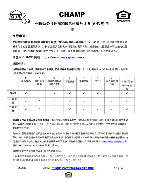 Application for State-Aided Public Housing and the Alternative Housing Voucher Program (Ahvp) - Massachusetts (Chinese Simplified)