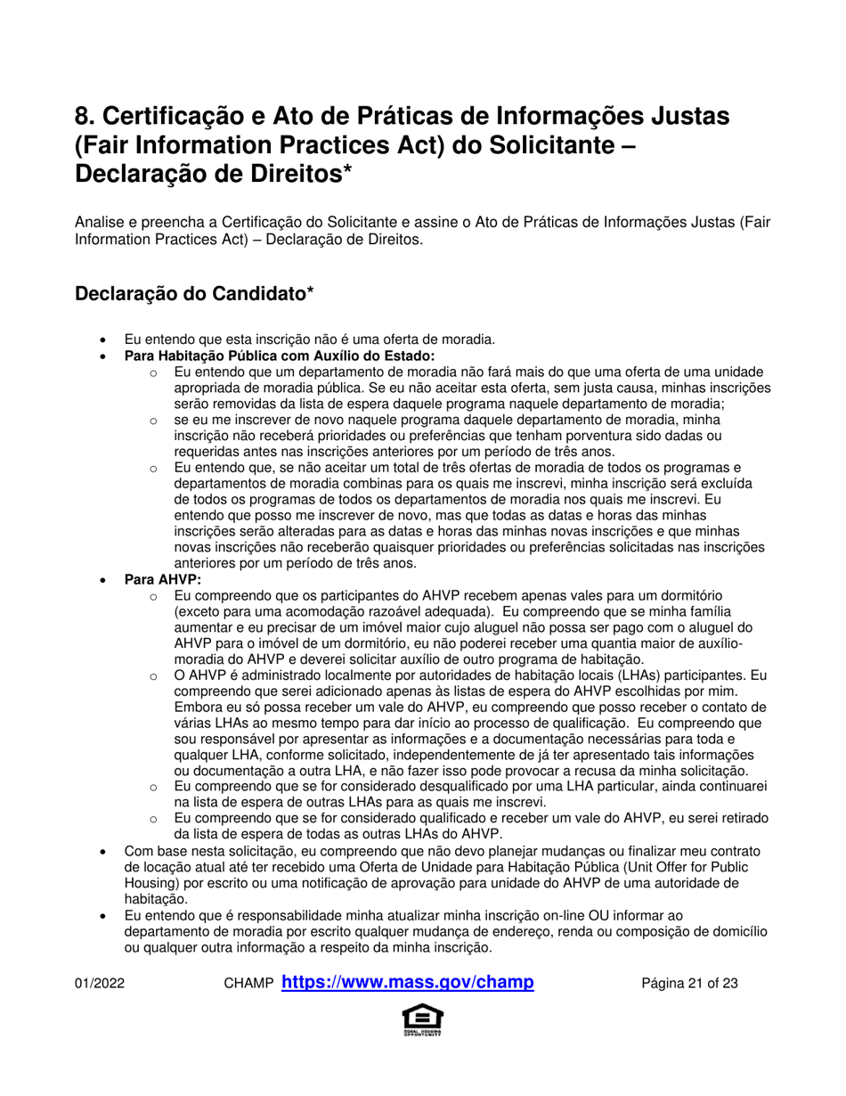 Application for State-Aided Public Housing and the Alternative Housing Voucher Program (Ahvp) - Massachusetts (Portuguese), Page 21