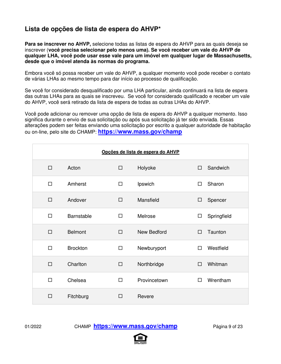 Application for State-Aided Public Housing and the Alternative Housing Voucher Program (Ahvp) - Massachusetts (Portuguese), Page 9