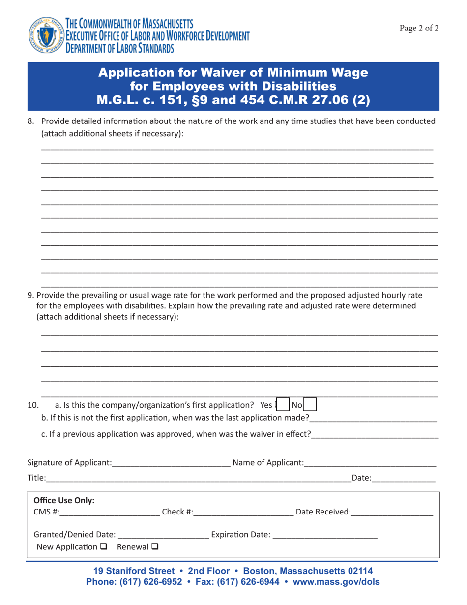 Application for Waiver of Minimum Wage for Employees With Disabilities - Massachusetts, Page 3