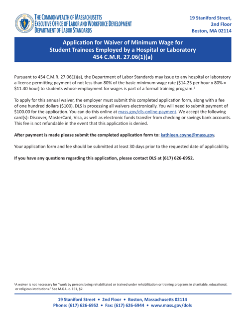 Application for Waiver of Minimum Wage for Student Trainees Employed by a Hospital or Laboratory - Massachusetts Download Pdf