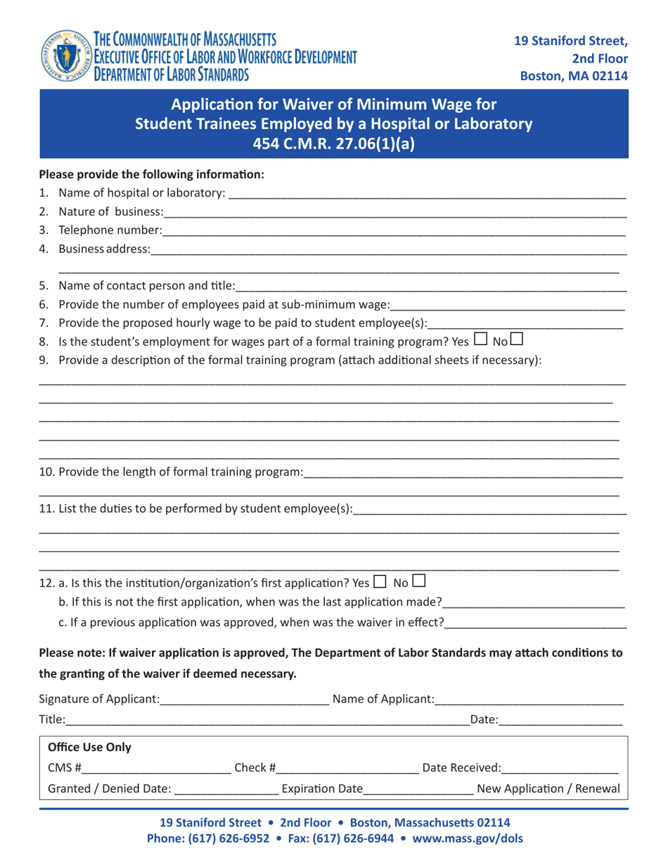 Application for Waiver of Minimum Wage for Student Trainees Employed by a Hospital or Laboratory - Massachusetts, Page 2