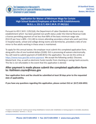 Document preview: Application for Waiver of Minimum Wage for Certain High School Student/Employees at Non-profit Establishments - Massachusetts