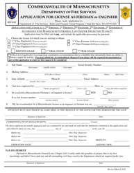 Document preview: Form BPV-010 Application for License as Fireman or Engineer - Massachusetts
