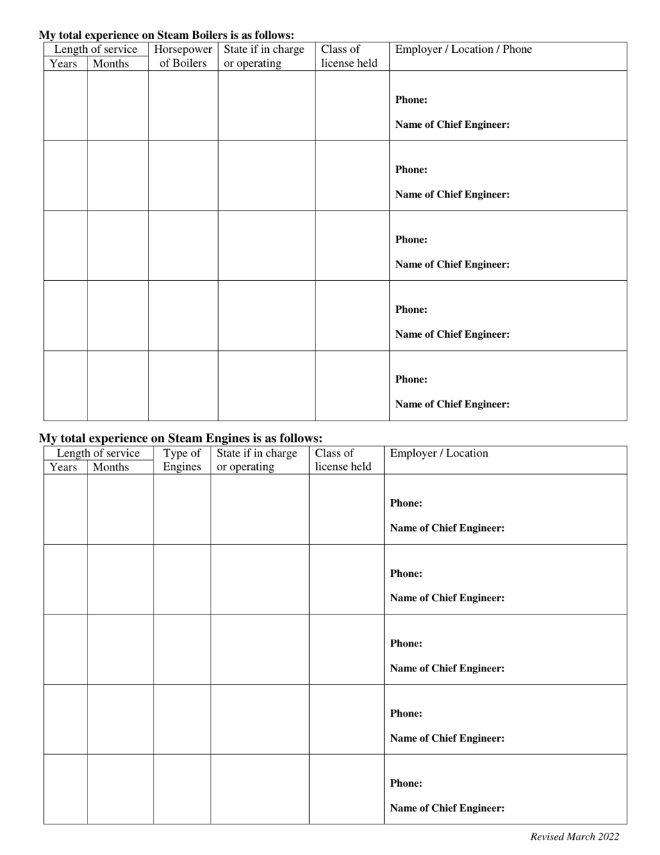 Form BPV-010 Application for License as Fireman or Engineer - Massachusetts, Page 3