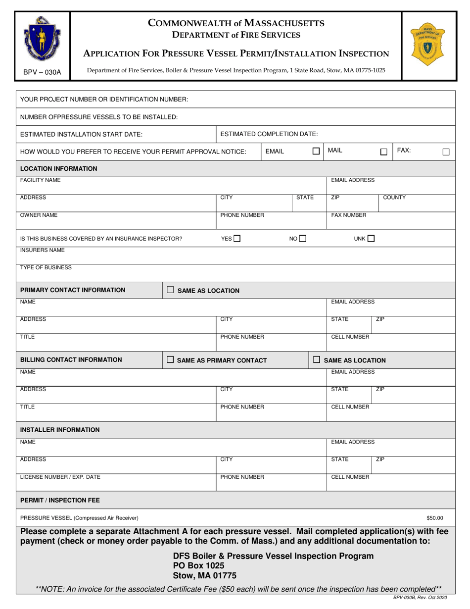 Form BPV-030A Application for Pressure Vessel Permit / Installation Inspection - Massachusetts, Page 1