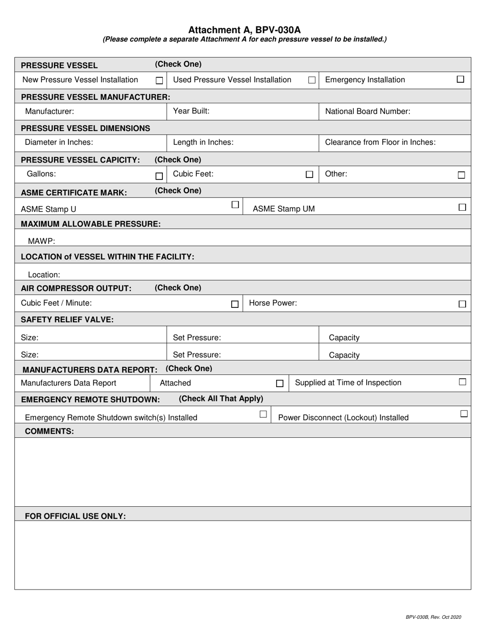 Form BPV-030A Application for Pressure Vessel Permit / Installation Inspection - Massachusetts, Page 2
