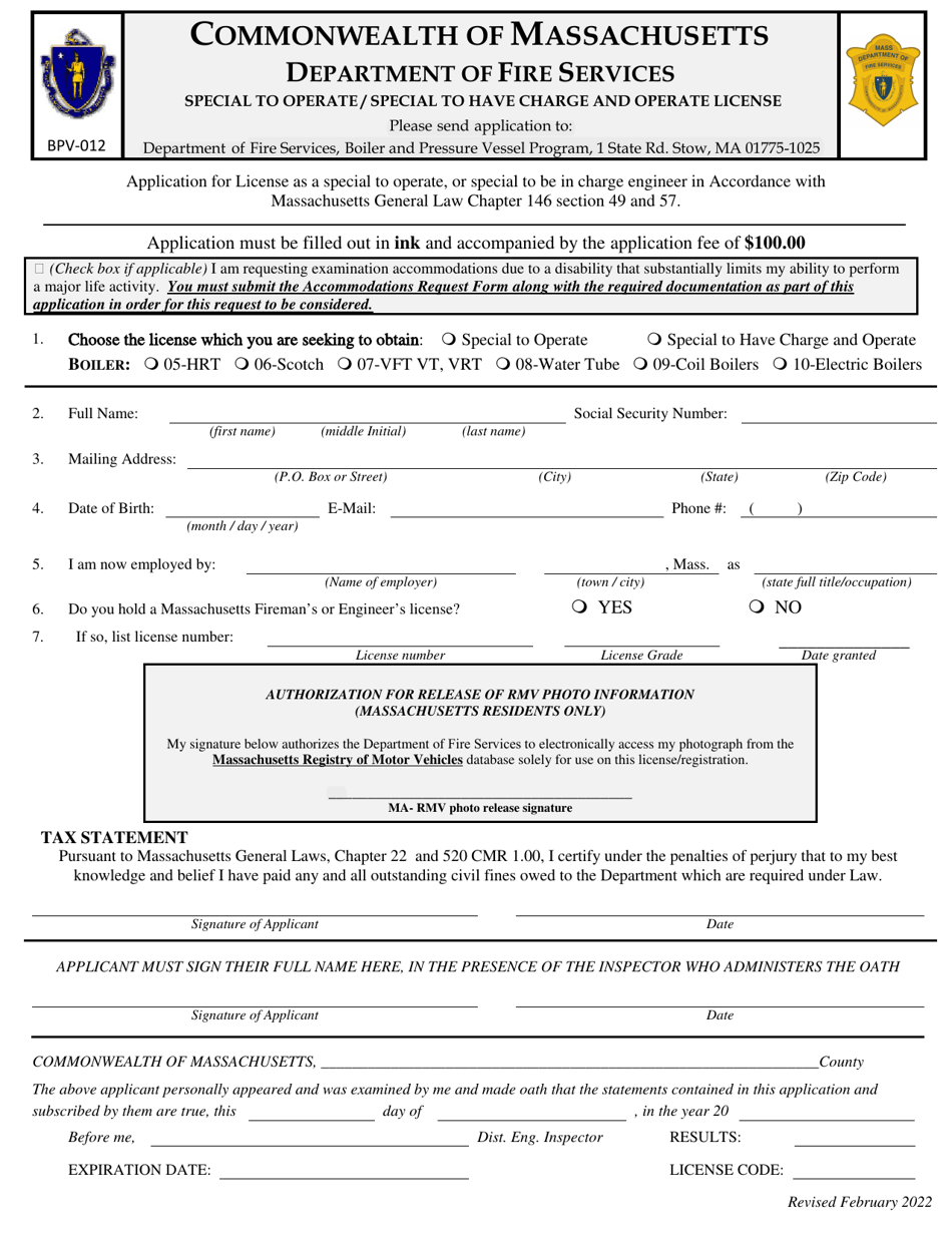 Form BPV-012 Application to Examine for Special Engineer Licenses - Massachusetts, Page 1