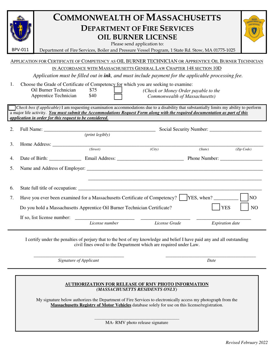 Form BPV-011 Application for Oil Burner Technician or Apprentice License - Massachusetts, Page 1