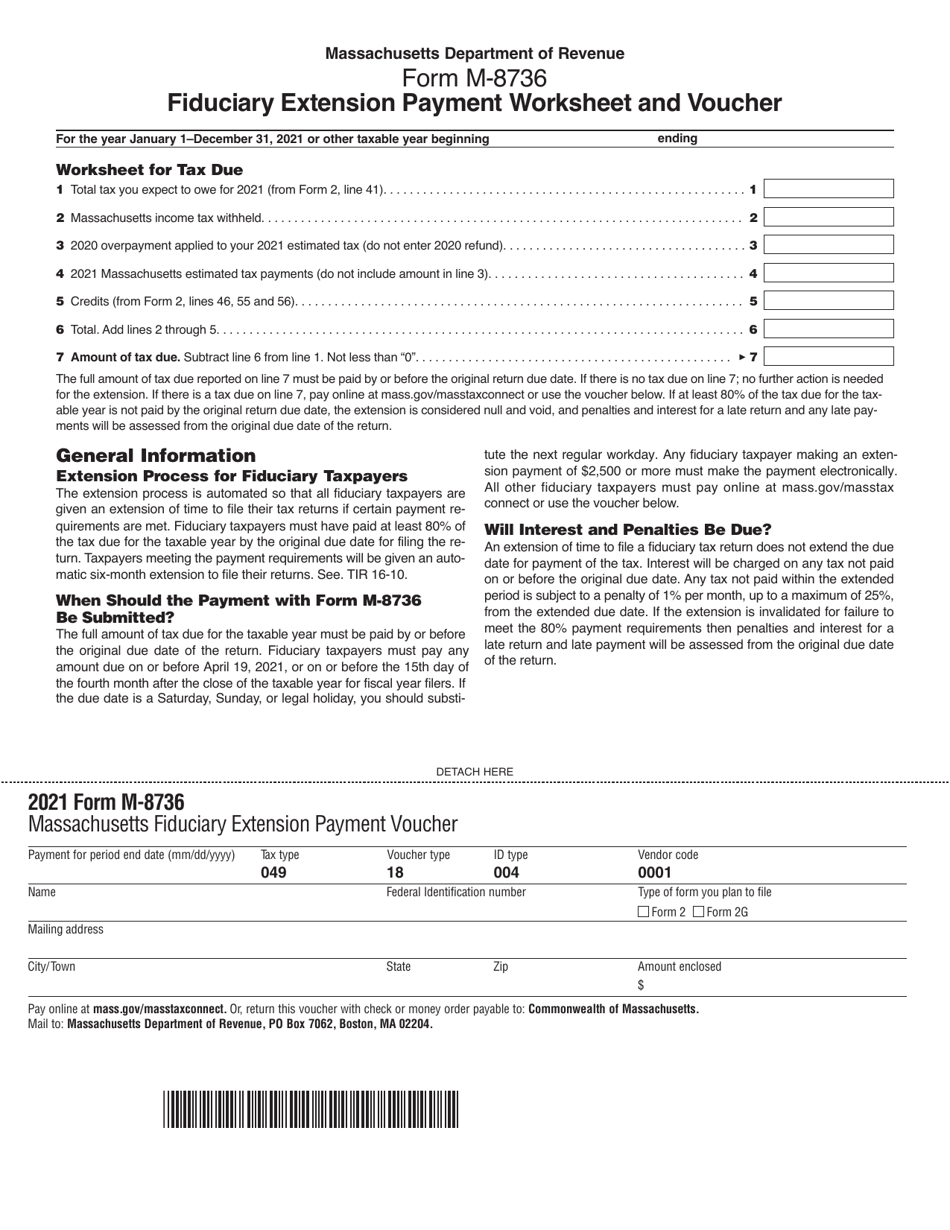 Form M-8736 Fiduciary Extension Payment Worksheet and Voucher - Massachusetts, Page 1