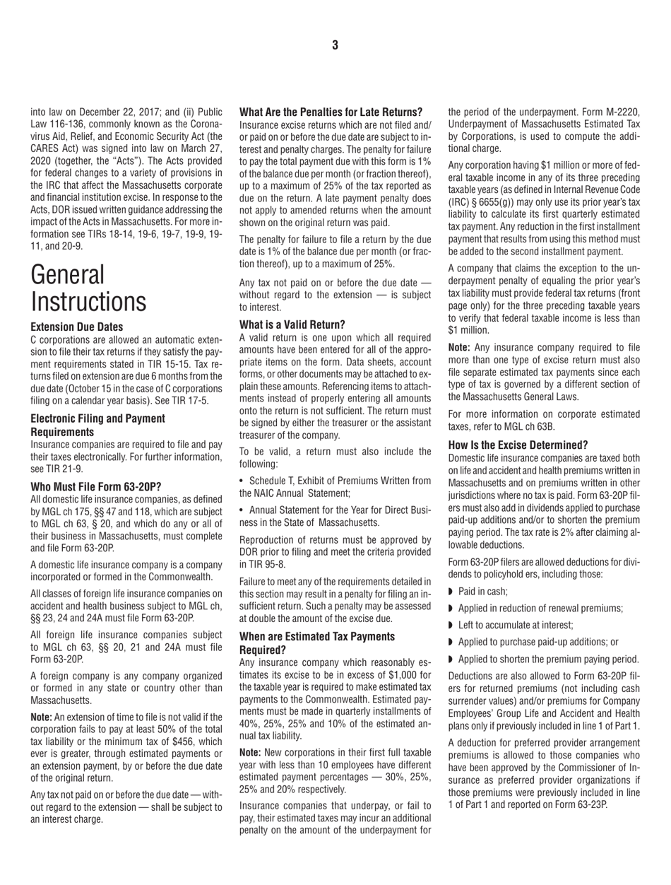 Instructions for Form 63-20P Premium Excise Return for Life Insurance Companies - Massachusetts, Page 3