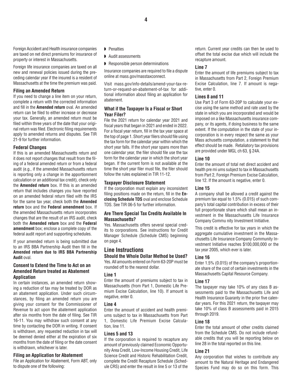 Instructions for Form 63-20P Premium Excise Return for Life Insurance Companies - Massachusetts, Page 4