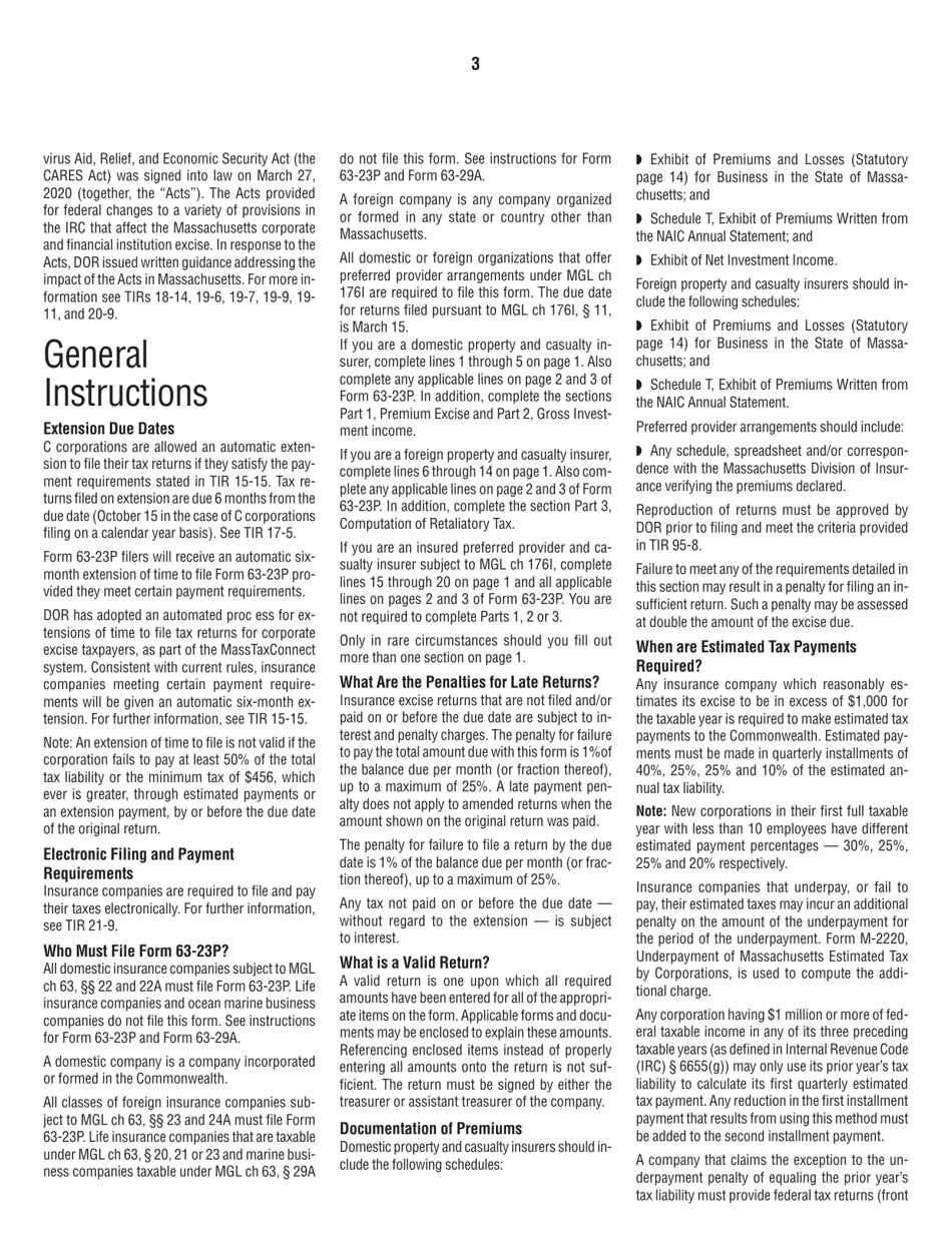 Instructions for Form 63-23P Premium Excise Return for Insurance Companies - Massachusetts, Page 3