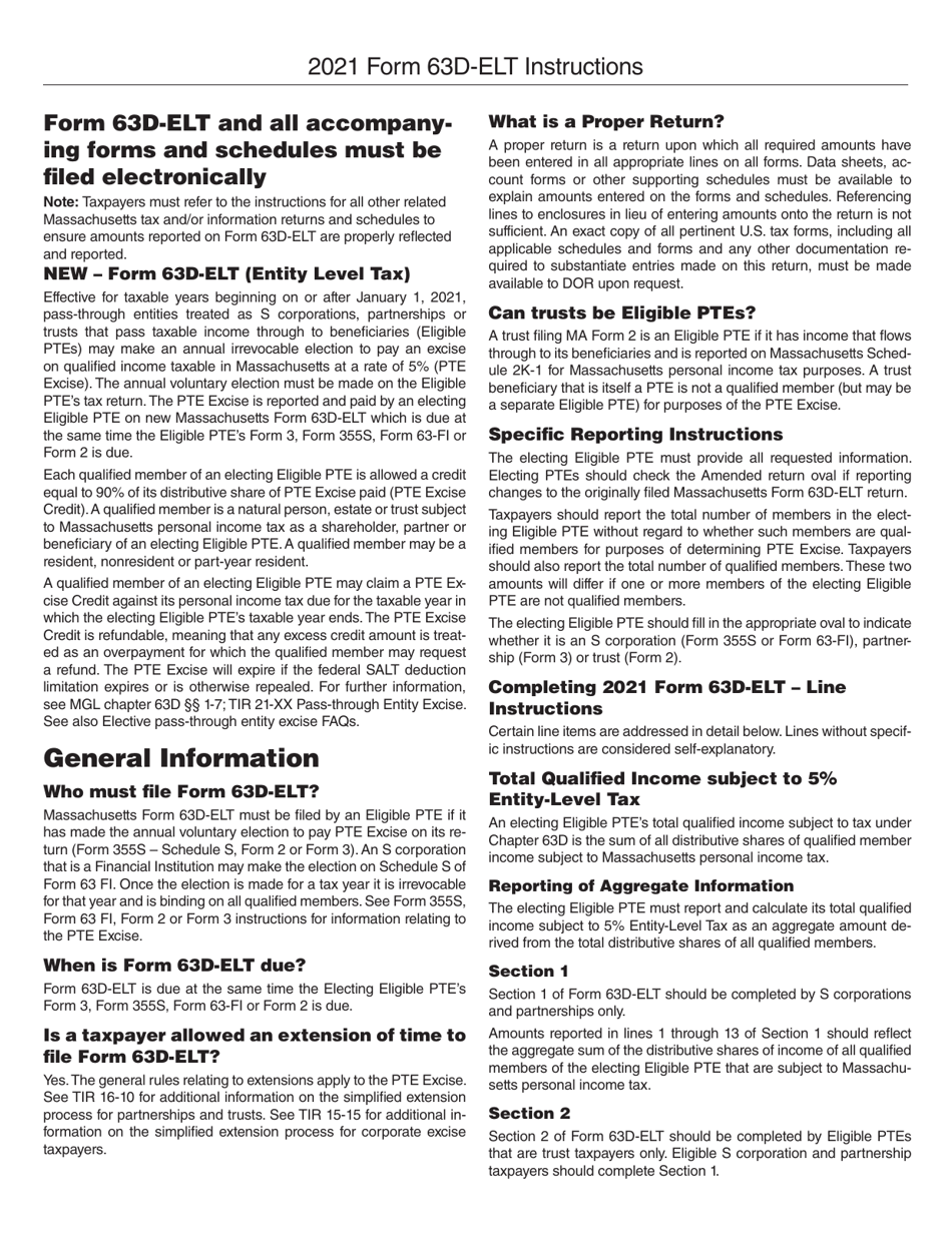 Instructions for Form 63D-ELT Entity Level Tax - Massachusetts, Page 1