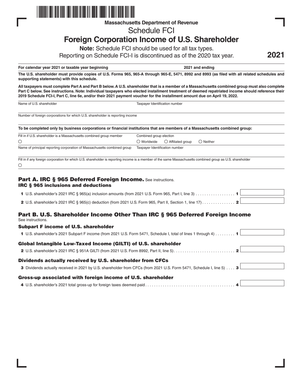 Schedule FCI Foreign Corporation Income of U.S. Shareholder - Massachusetts, Page 1