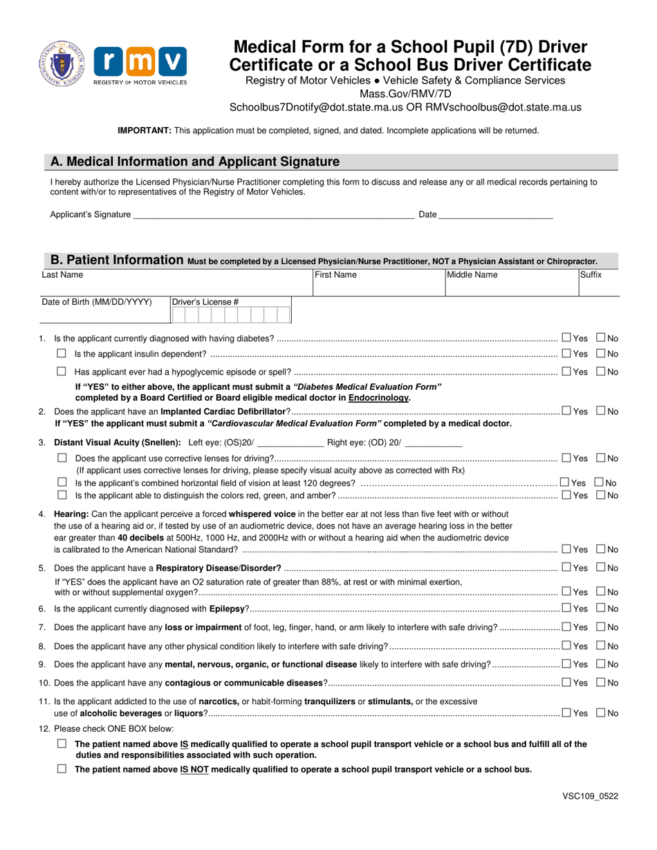 Form VSC109 Medical Form for a School Pupil (7d) Driver Certificate or a School Bus Driver Certificate - Massachusetts, Page 1