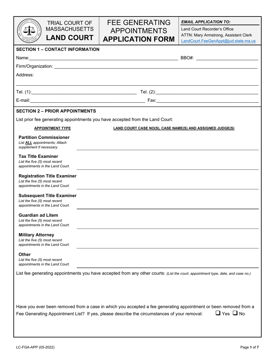 Fee Generating Appointments Application Form - Massachusetts, Page 1
