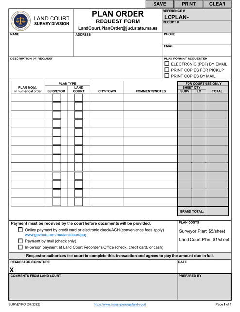 Plan Order Request Form - Massachusetts Download Pdf