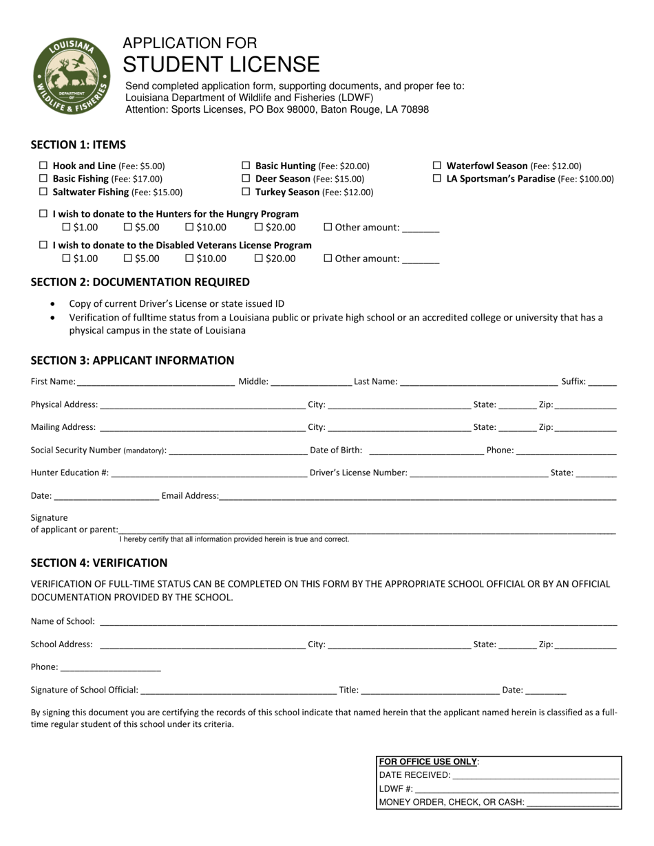 Application for Student License - Louisiana, Page 1