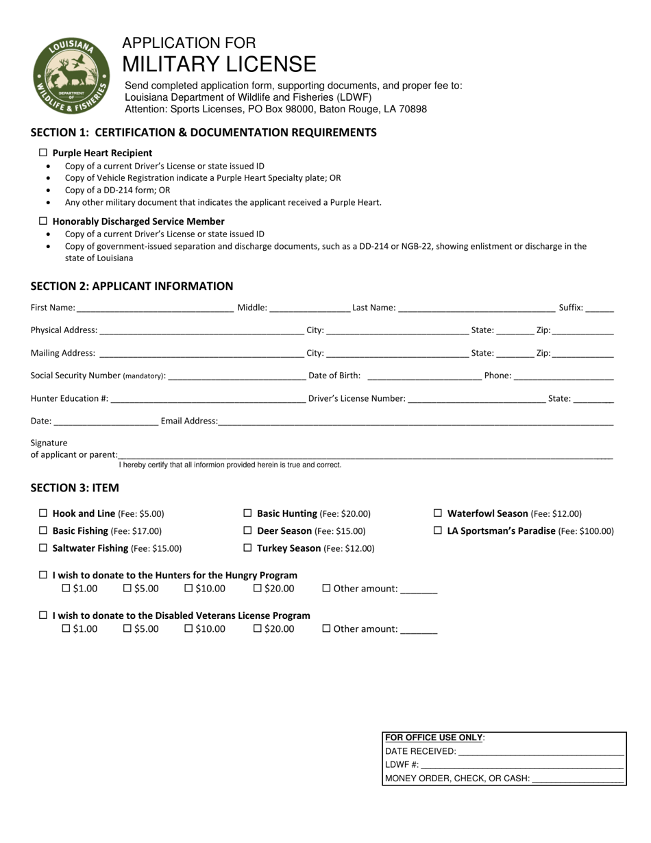 Application for Military License - Louisiana, Page 1