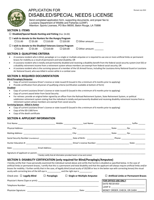 Application for Disabled / Special Needs License - Louisiana Download Pdf