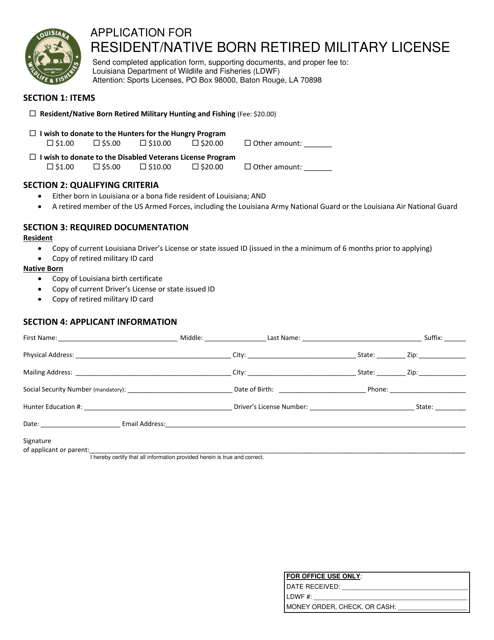 Application for Resident / Native Born Retired Military License - Louisiana Download Pdf