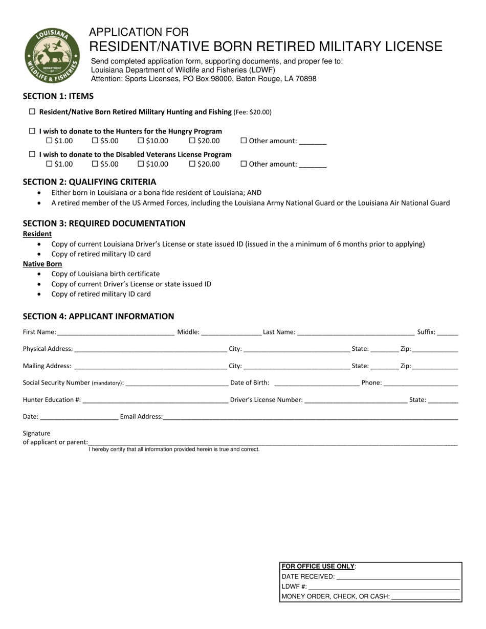 Application for Resident / Native Born Retired Military License - Louisiana, Page 1