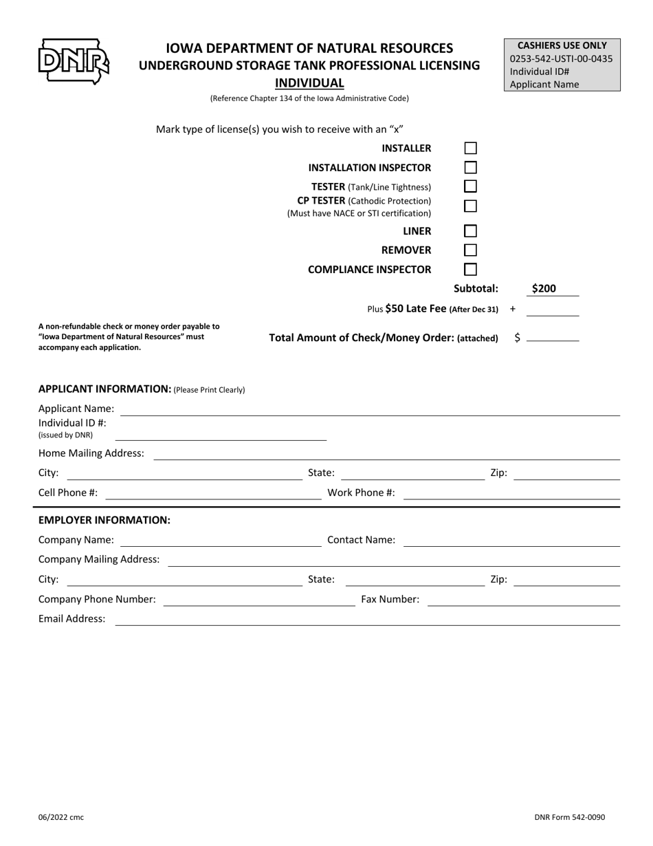 DNR Form 542-0090 Underground Storage Tank Professional Licensing - Individual - Iowa, Page 1