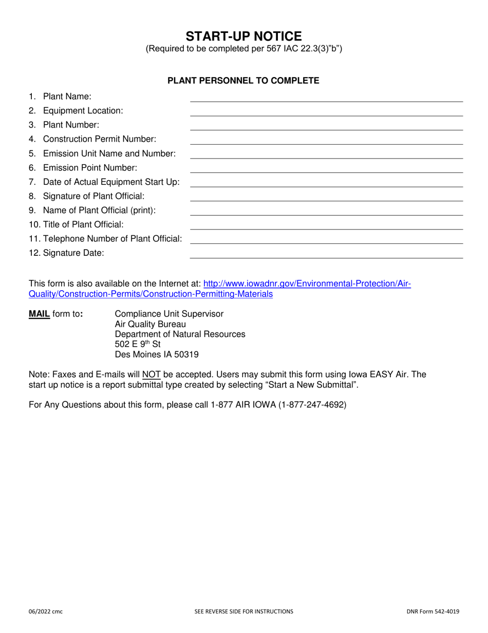 DNR Form 542-4019 Start-Up Notice - Iowa, Page 1