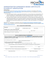 Document preview: Administrator Experience-Based Certificate Eligibility Verification - Michigan