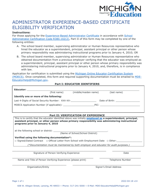 Administrator Experience-Based Certificate Eligibility Verification - Michigan Download Pdf