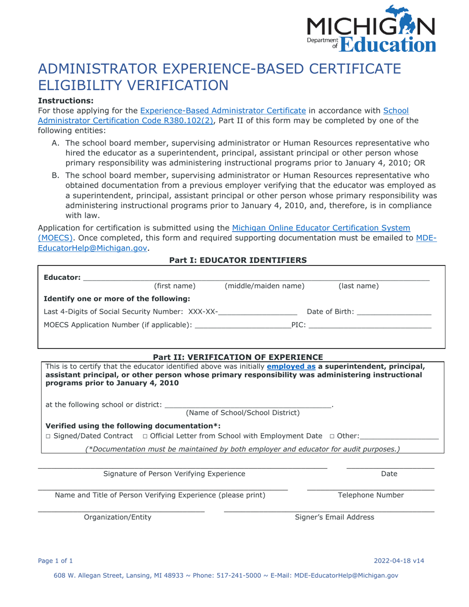 Administrator Experience-Based Certificate Eligibility Verification - Michigan, Page 1