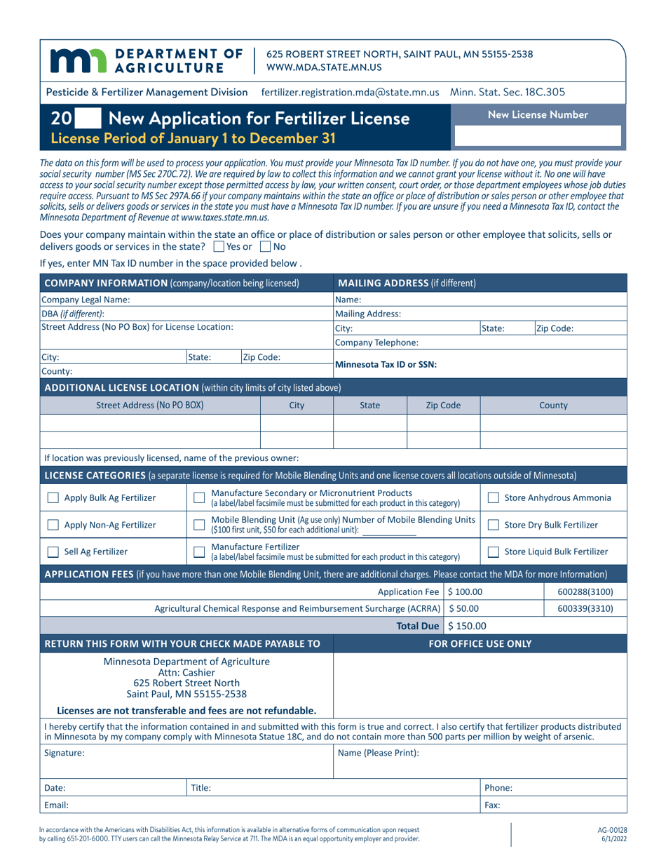 Form AG-00128 New Application for Fertilizer License - Minnesota, Page 1