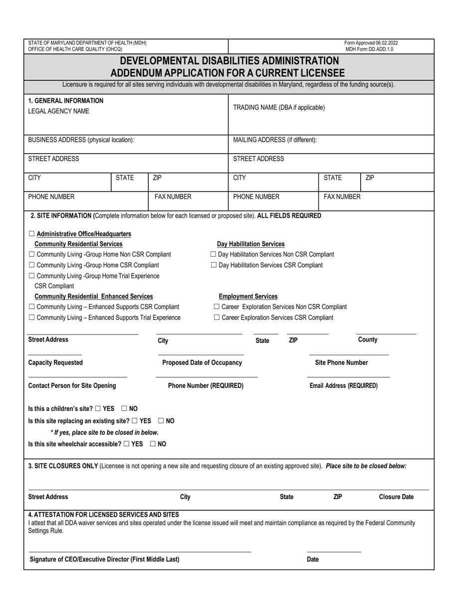 Form DD.ADD.1.0 Developmental Disabilities Administration Addendum Application for a Current Licensee - Maryland, Page 1