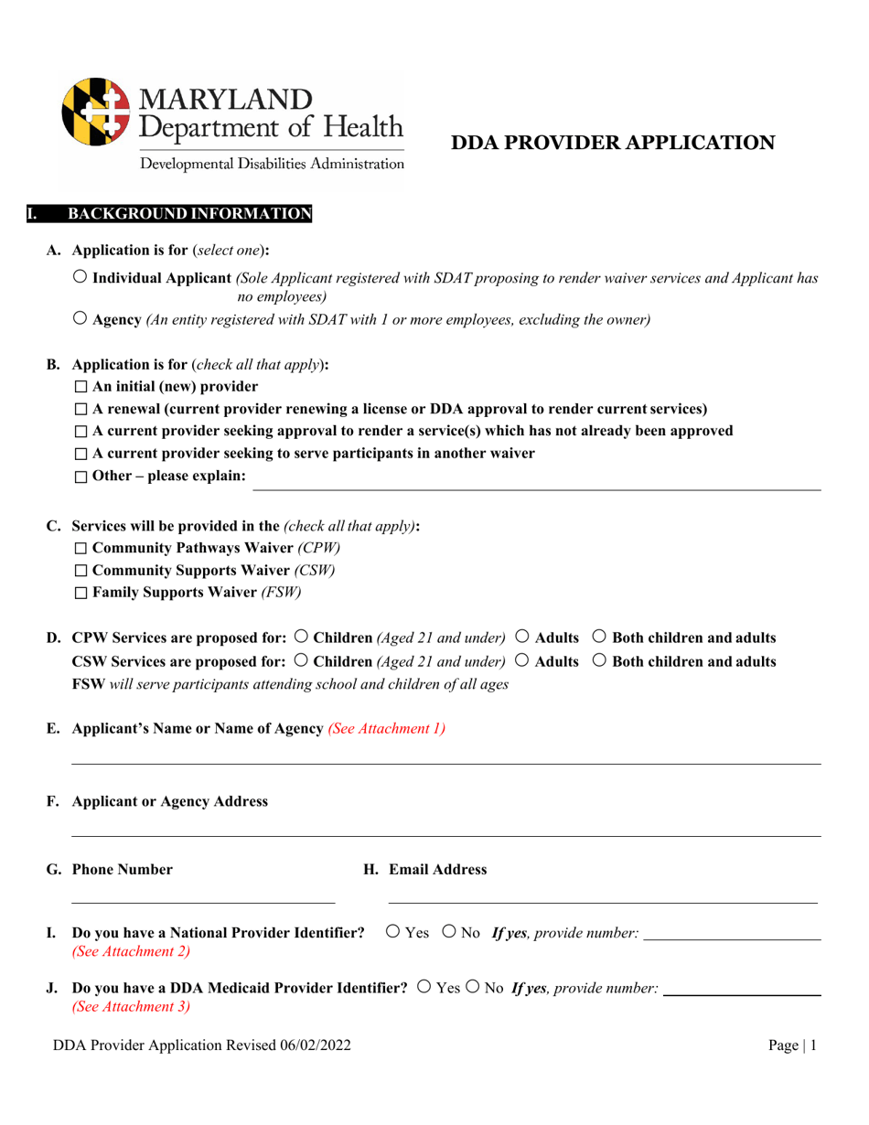 Dda Provider Application - Maryland, Page 1