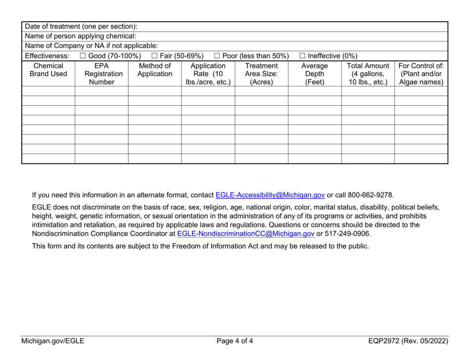 Form EQP2792 Chemical Table Template for Treatment of Nuisance Aquatic Plants and / or Algae - Michigan, Page 4