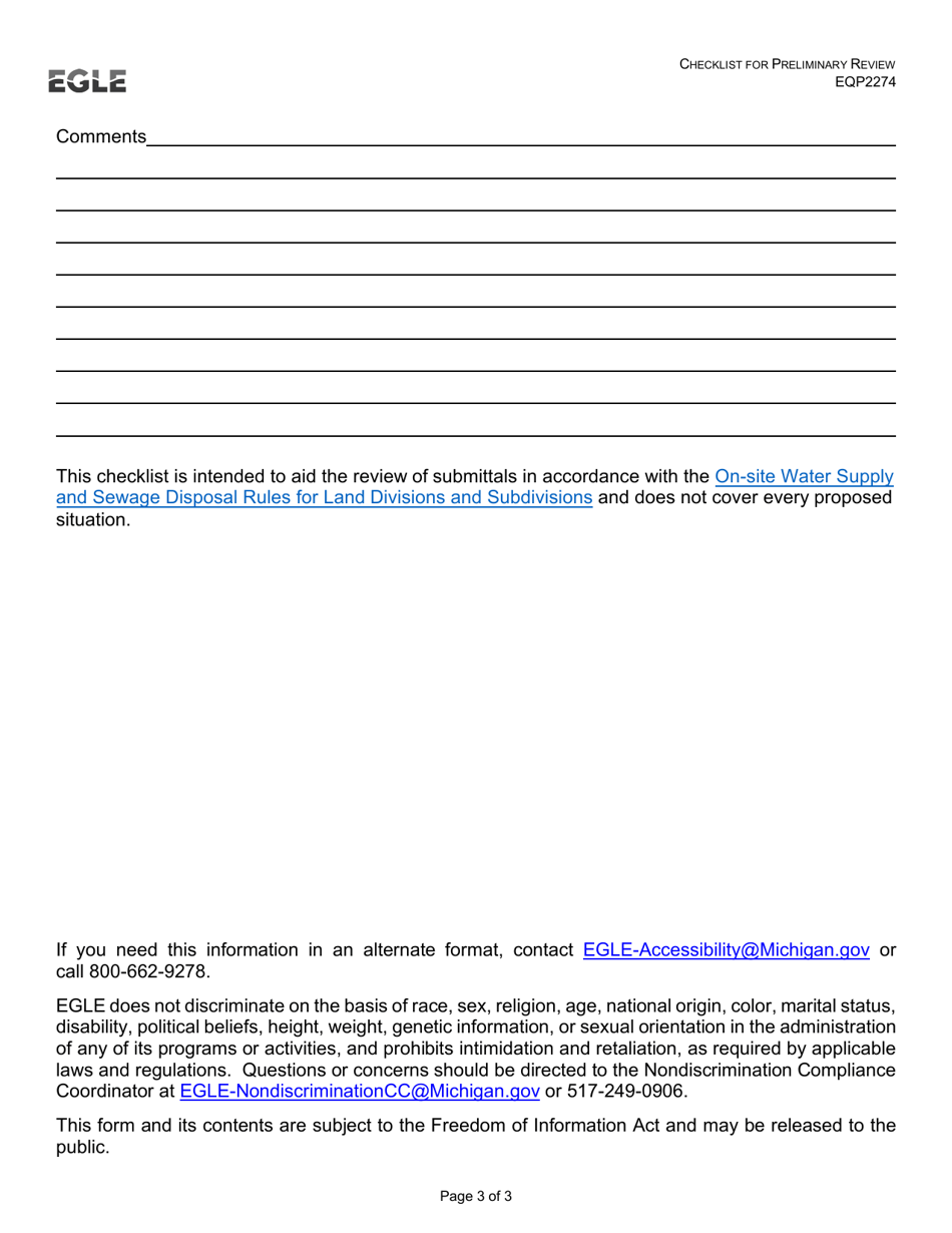 Form EQP2774 Checklist for Preliminary Review Subdivisions, Condominium Developments, and Less Than 1 Acre Land Division - Michigan, Page 3