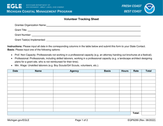 Document preview: Form EQP9289 Volunteer Tracking Sheet - Michigan Coastal Management Program - Michigan