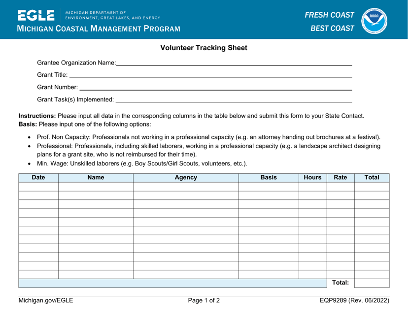 Form EQP9289 Volunteer Tracking Sheet - Michigan Coastal Management Program - Michigan