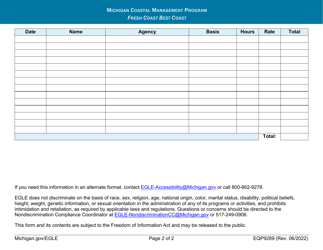 Form EQP9289 Volunteer Tracking Sheet - Michigan Coastal Management Program - Michigan, Page 2