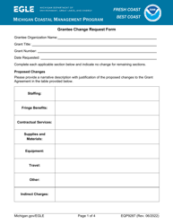 Document preview: Form EQP9287 Grantee Change Request Form - Michigan Coastal Management Program - Michigan