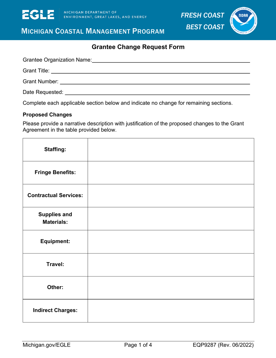 Form EQP9287 Grantee Change Request Form - Michigan Coastal Management Program - Michigan, Page 1