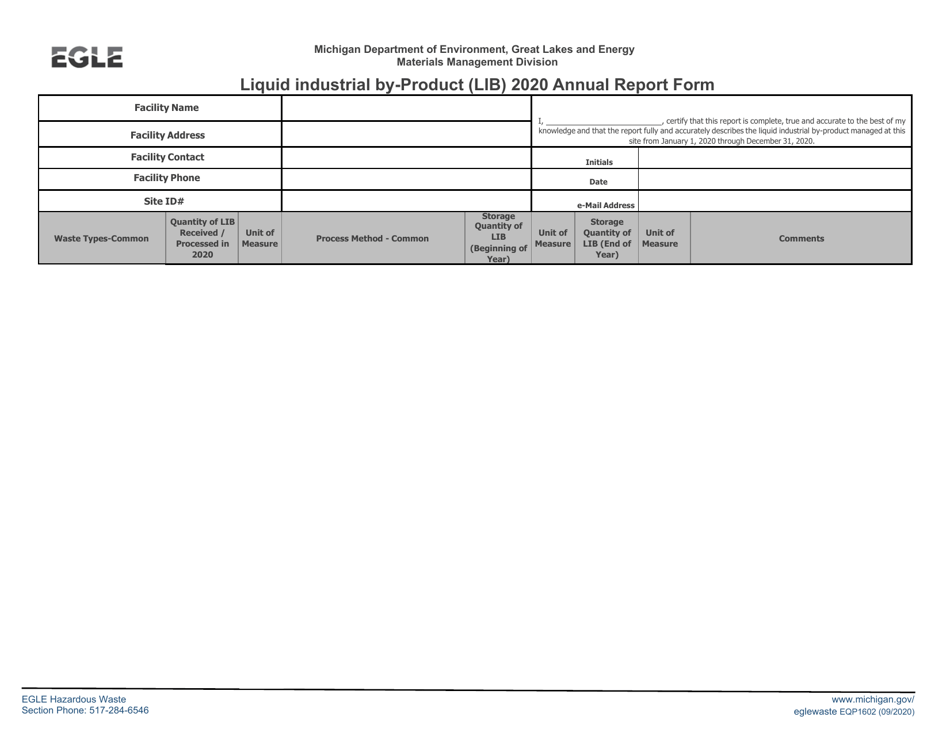 Form EQP1602 Liquid Industrial by-Product (Lib) Annual Report Form - Michigan, Page 1