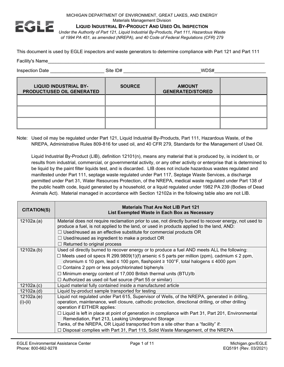 Form EQP5191 Liquid Industrial by-Product and Used Oil Inspection - Michigan, Page 1