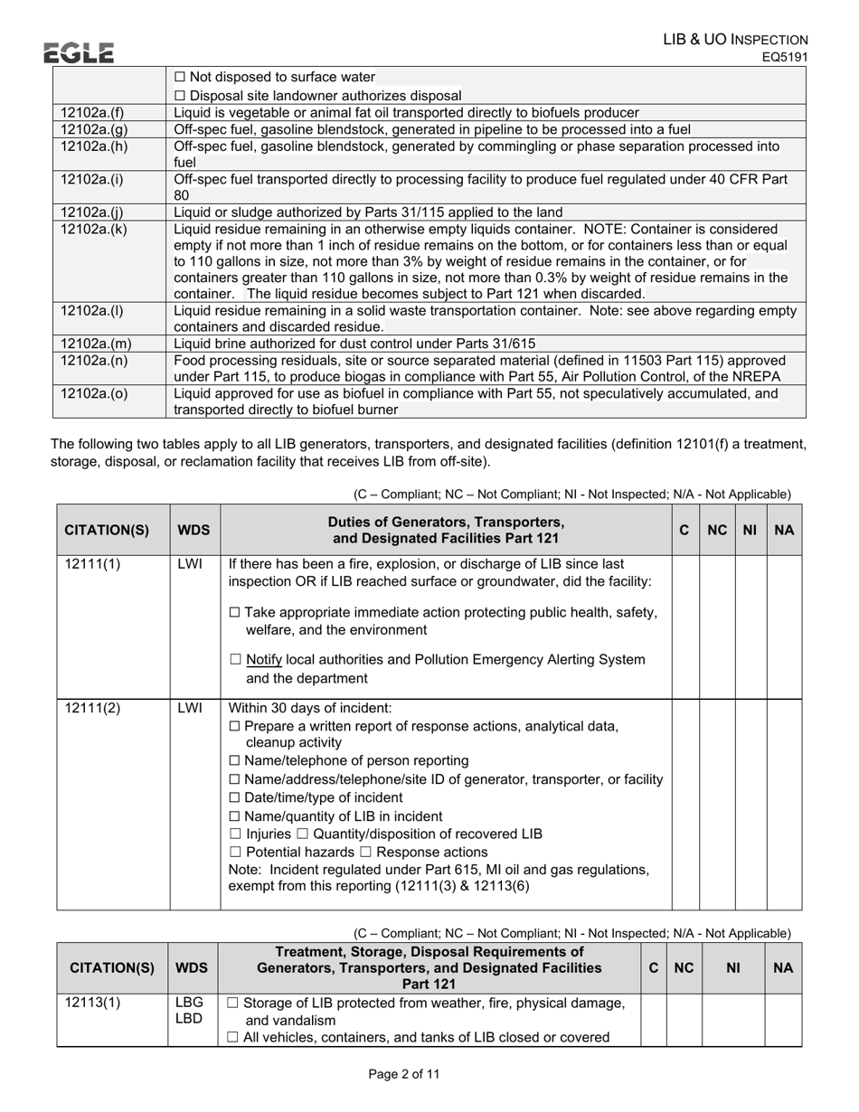 Form EQP5191 Liquid Industrial by-Product and Used Oil Inspection - Michigan, Page 2