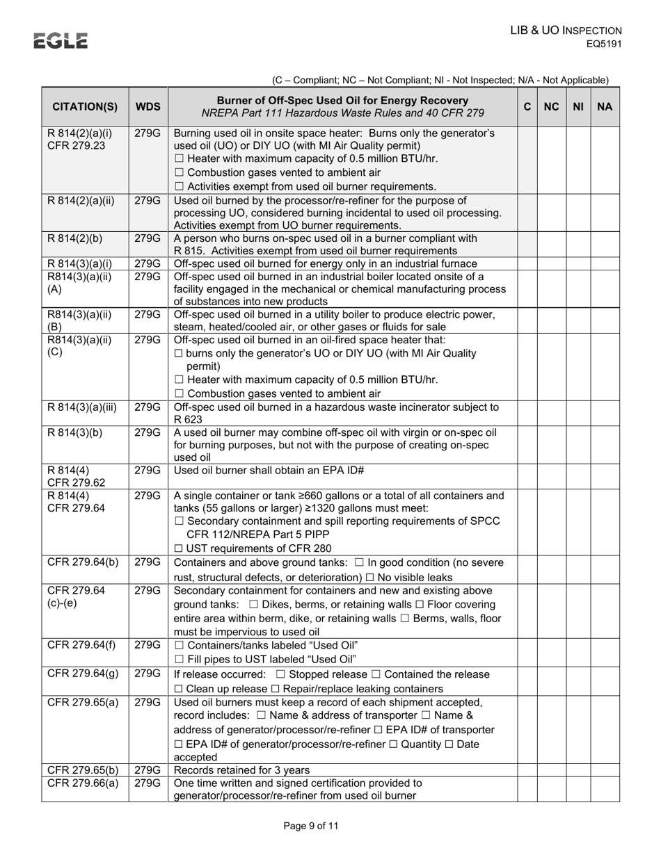 Form EQP5191 Liquid Industrial by-Product and Used Oil Inspection - Michigan, Page 9
