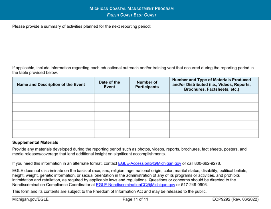 Form EQP9292 Quarterly Progress Report - Michigan Coastal Management Program - Michigan, Page 11
