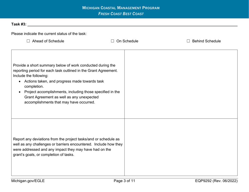 Form EQP9292 Quarterly Progress Report - Michigan Coastal Management Program - Michigan, Page 3