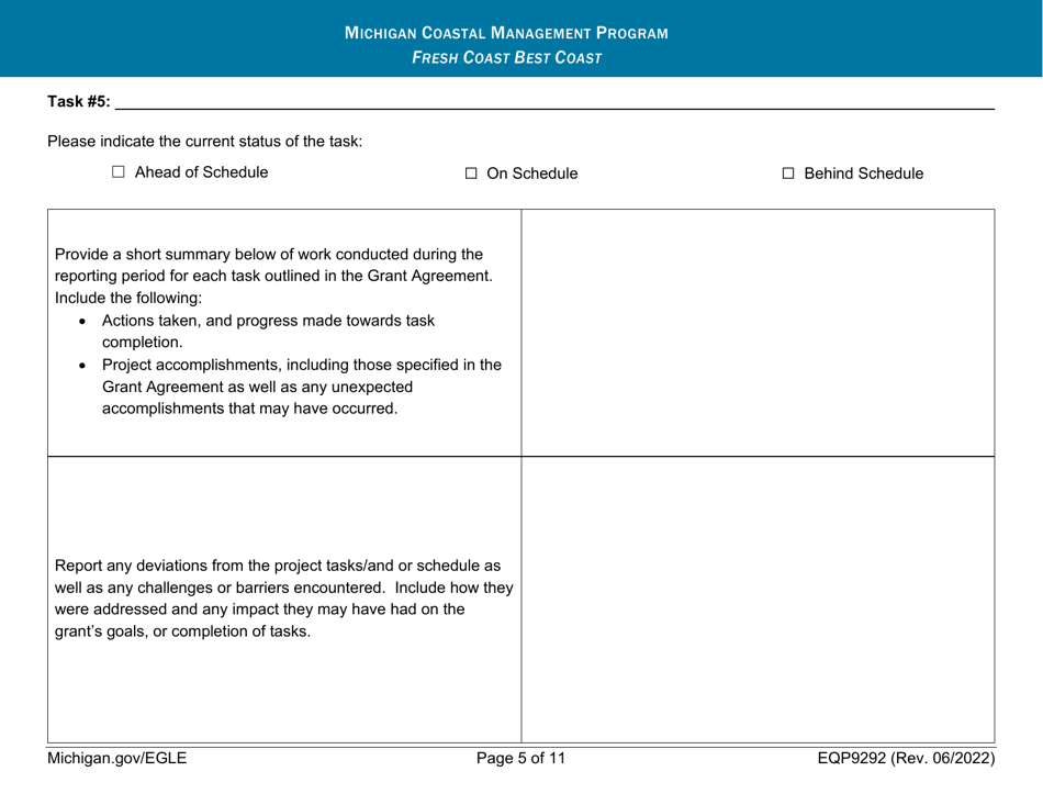 Form EQP9292 Quarterly Progress Report - Michigan Coastal Management Program - Michigan, Page 5